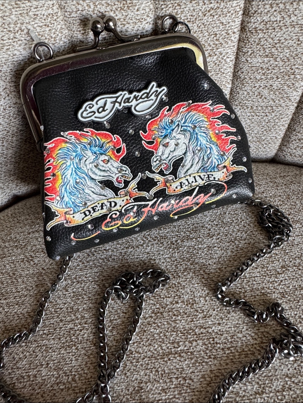 New Ed Hardy Black Chain Crossbody Bag with Colorful Rhinestone Unicorn Artwork